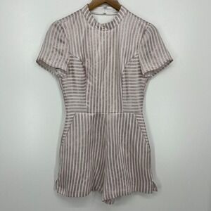 BCBGeneration Bodysuit Women's 6 White Striped Metallic Rose Shorts High Neck